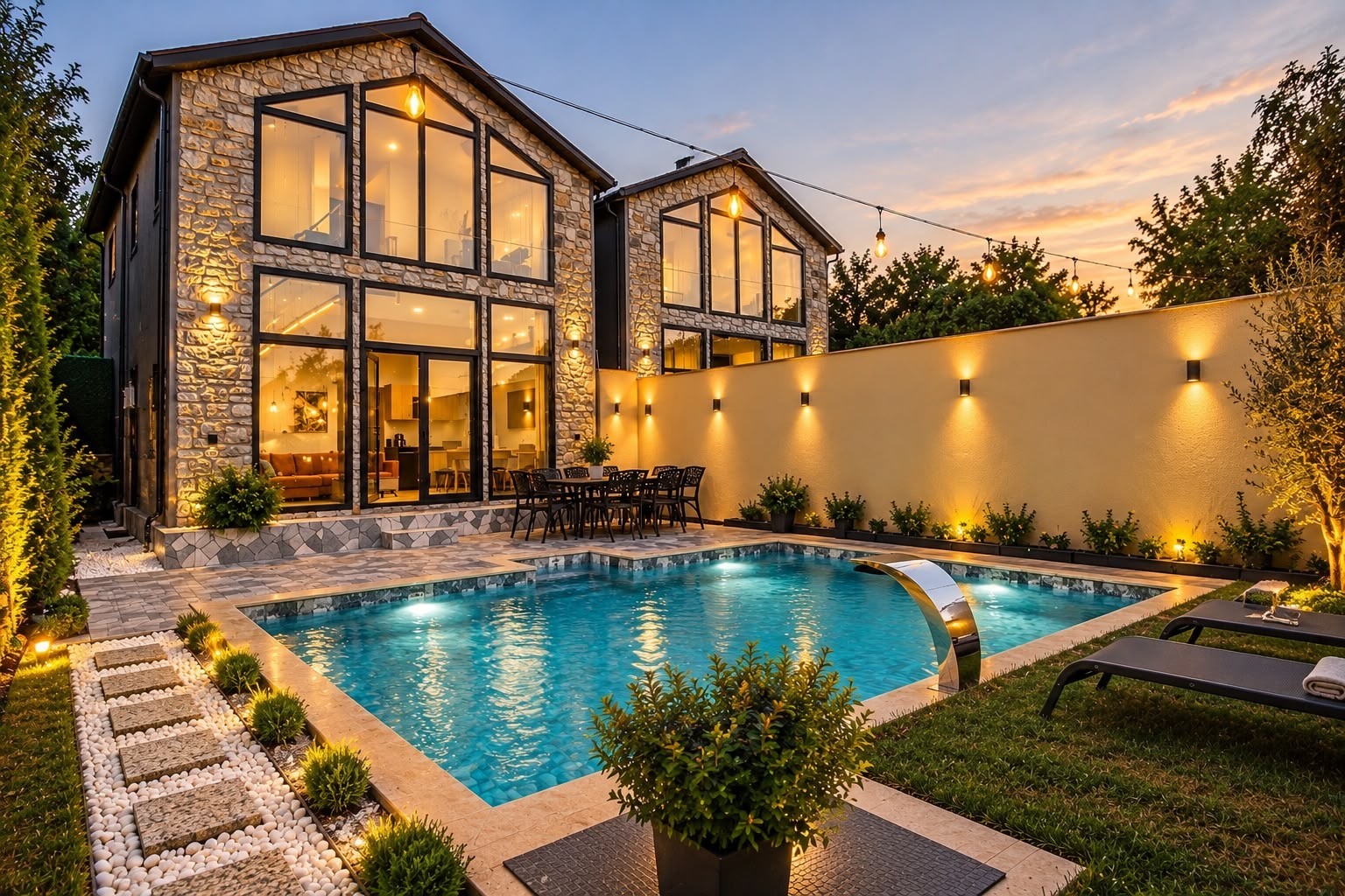 Alacakaranlıkta taş villa ve havuz