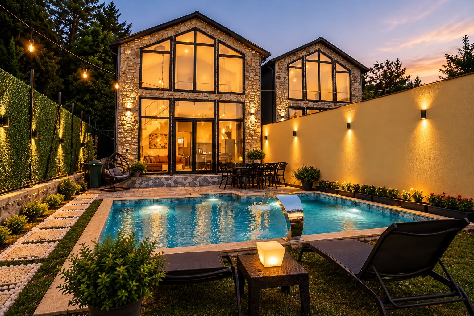 Alacakaranlıkta villa ve havuz