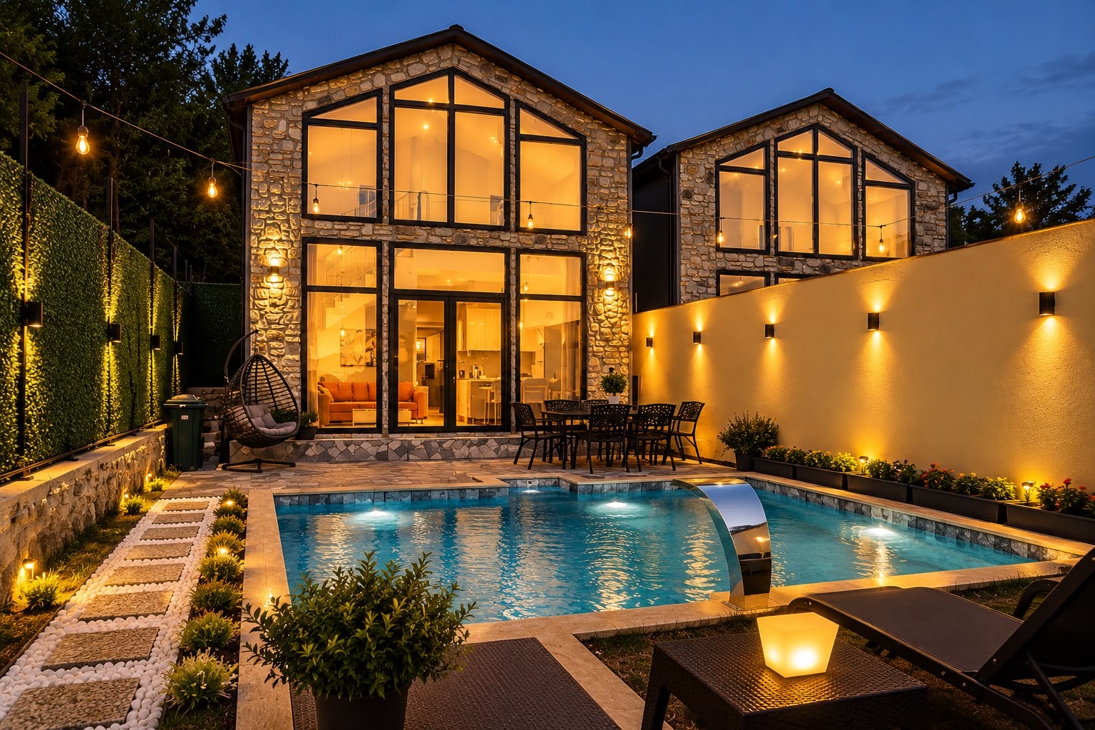 Gece aydınlatmalı villa ve havuz